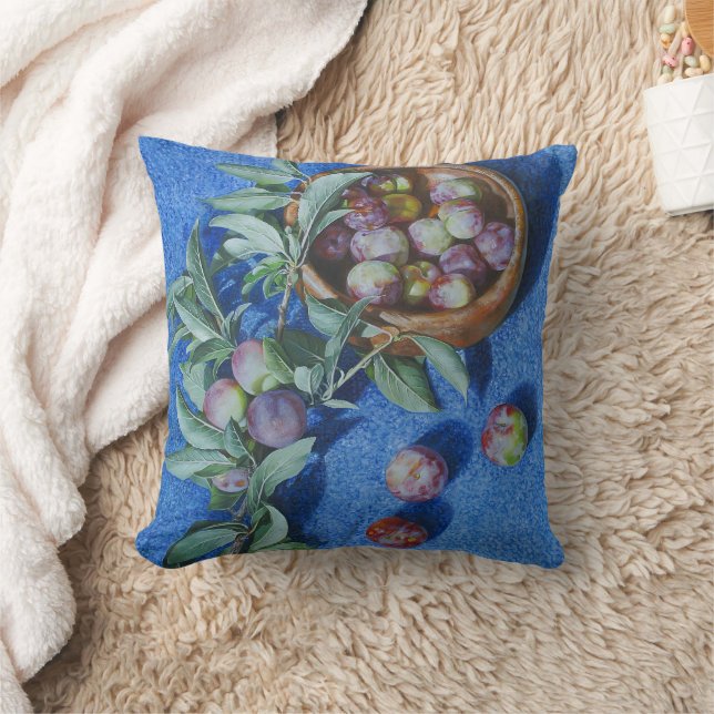 Plum Blossom Branches on Blue Background Painting Throw Pillow (Blanket)