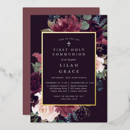 Plum Blossom First Holy Communion Foil Invitation