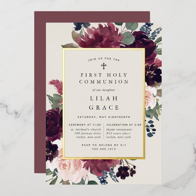 Plum Blossom First Holy Communion Foil Invitation (Front/Back)