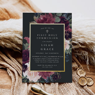 Plum Blossom First Holy Communion Foil Invitation