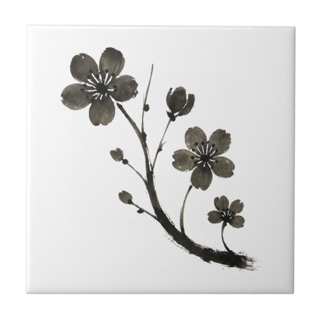 Plum Blossom Line Art – Botanical Design on Ceramic Tile (Front)