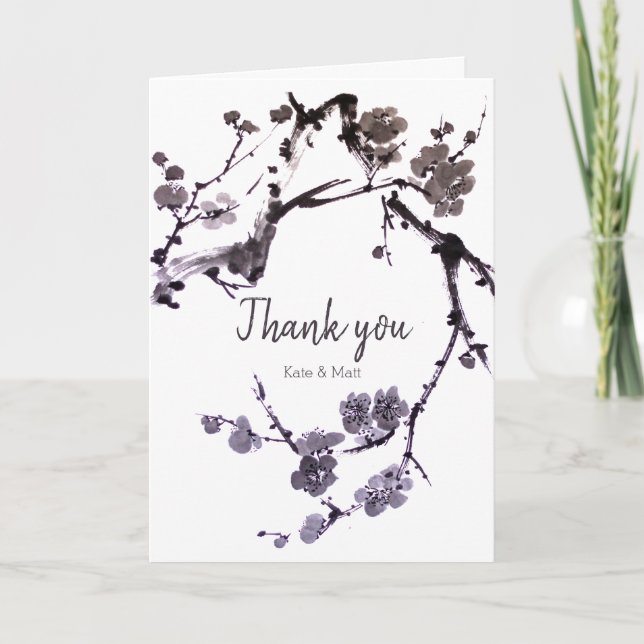 Plum blossom sumie letterpress thank you card (Front)