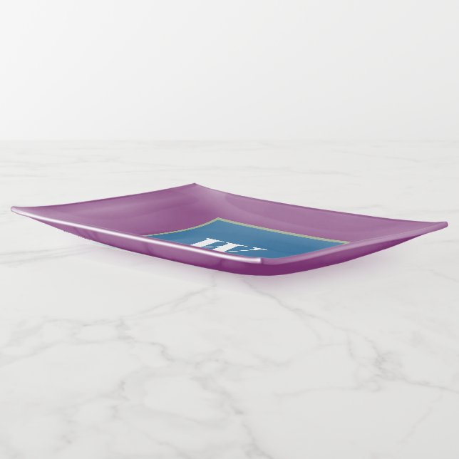 Plum Blue Green Monogram Trinket Tray (Angled)