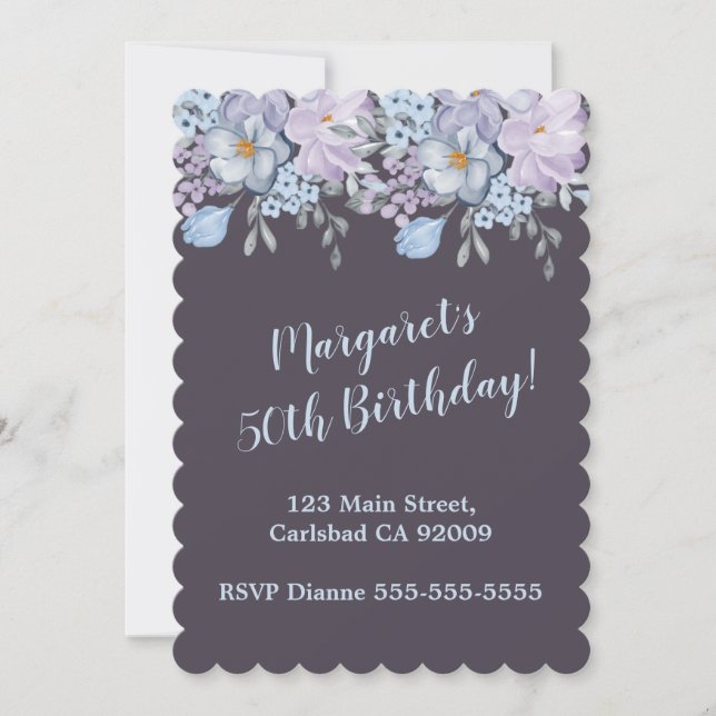 Plum Blue lavender floral design 50th birthday Invitation (Front)