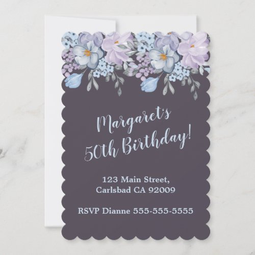 Plum Blue lavender floral design 50th birthday Invitation