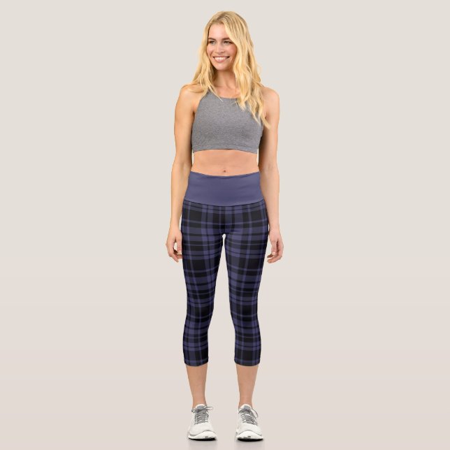  Plum Blue Plaid  Designer High Waisted Capris (Front)