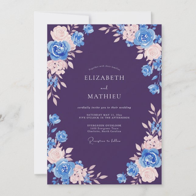 Plum Blue Watercolor Floral Wedding Invitation (Front)