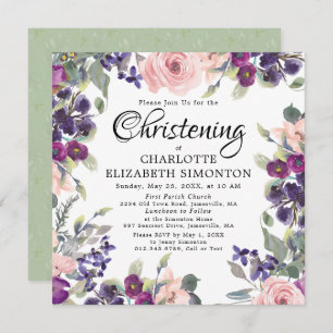 Plum Blush Floral Square Christening Invitations