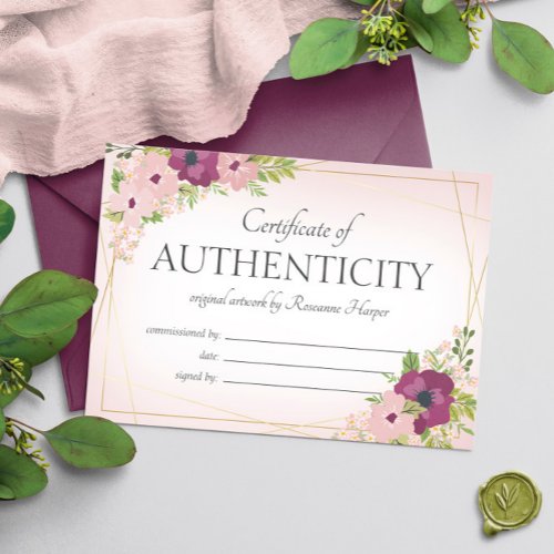 Plum Blush Flowers Certificate of Authenticity Thank You Card