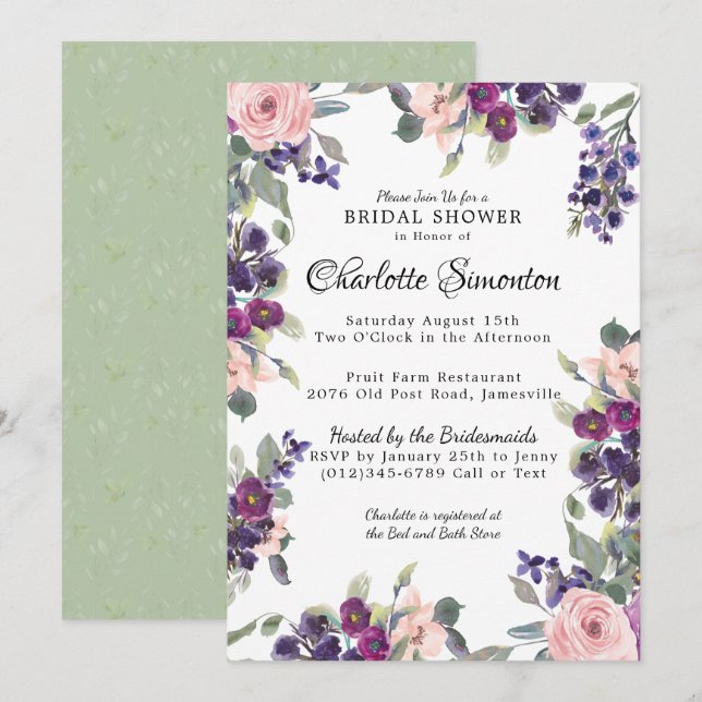 Plum Blush Modern Floral Bridal Shower Invitation (Front/Back)
