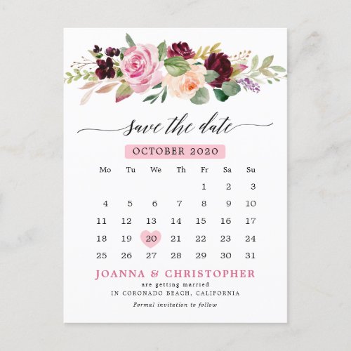 Plum Blush Pink Floral Calendar Save the date Announcement Postcard