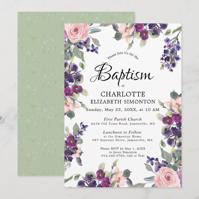 Plum Blush Purple Floral Baptism Invitation (Front/Back)