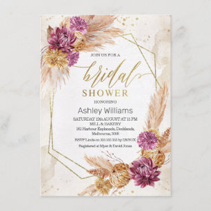 Plum Boho Pampas Grass Geometric Bridal Shower Invitation