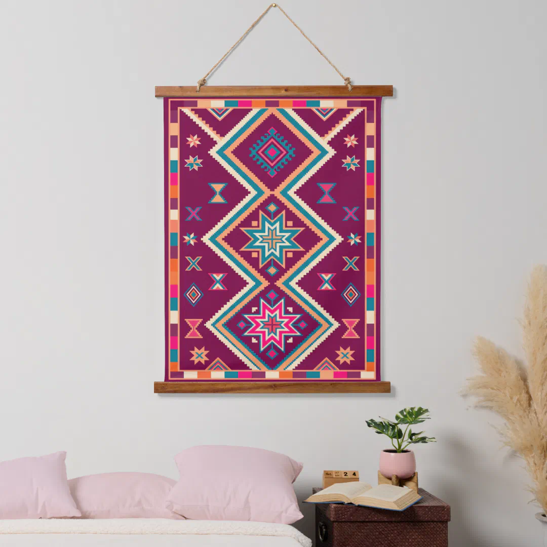 Plum Boho Southwestern Geometric Folk Art Pattern Hanging Tapestry