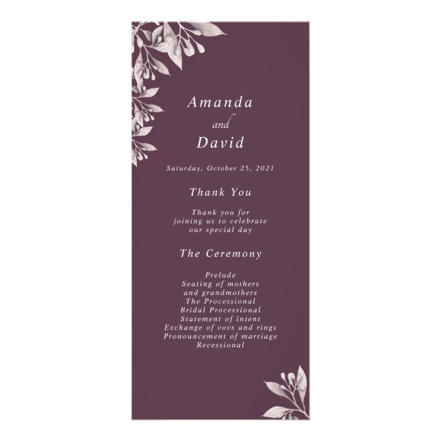 Plum botanical floral wedding program (Front)