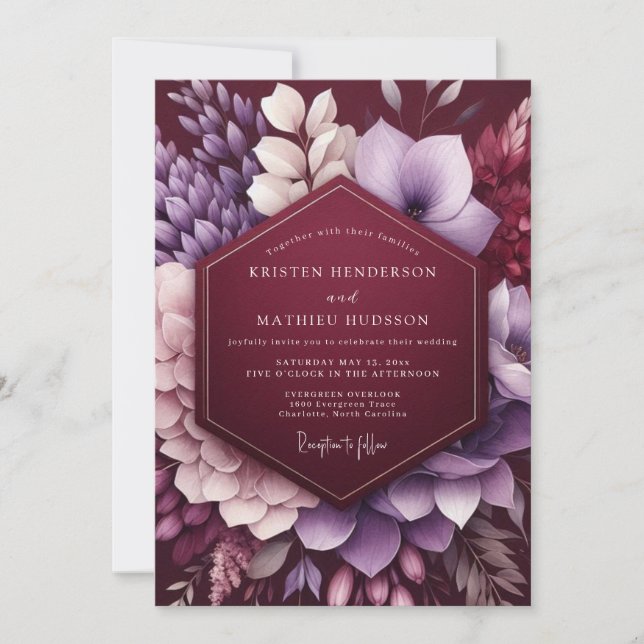 Plum Botanical Moody Wedding Invitation (Front)