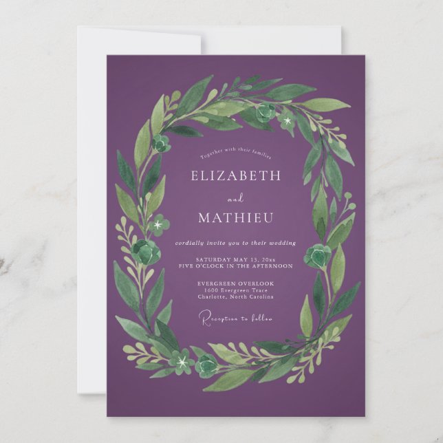 Plum Botanical Wreath Wedding Invitation (Front)