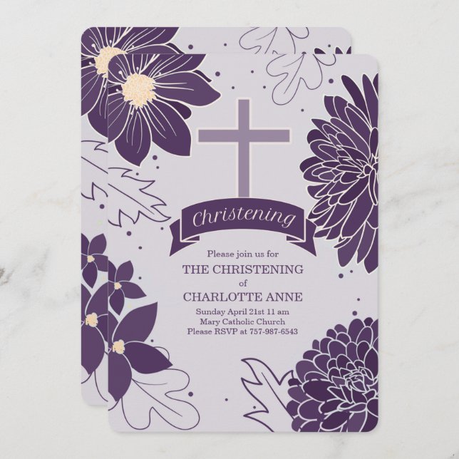 Plum Botanicals for Girls with Cross Christening Invitation (Front/Back)