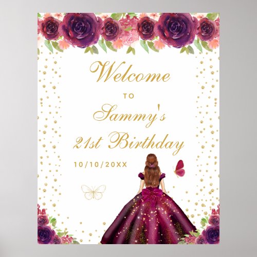 Plum Brown Hair Girl Birthday Party Welcome Poster