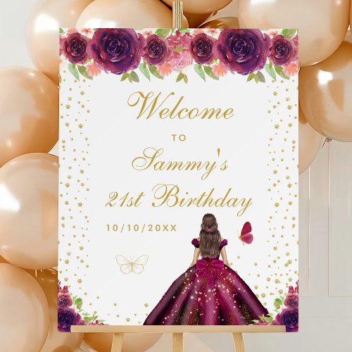 Plum Brunette Hair Girl Birthday Party Welcome Foam Board