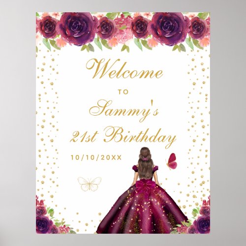 Plum Brunette Hair Girl Birthday Party Welcome Poster