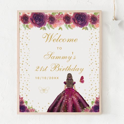 Plum Brunette Hair Girl Birthday Party Welcome Poster