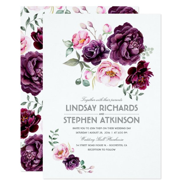 Plum Burgundy And Blush Floral Watercolor Wedding Invitation