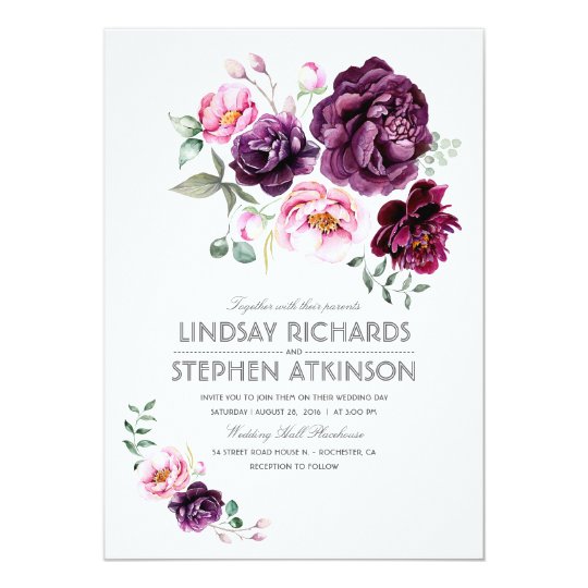 Rustic Boho Wedding Invitation with Purple Burgundy and Blush Flowers