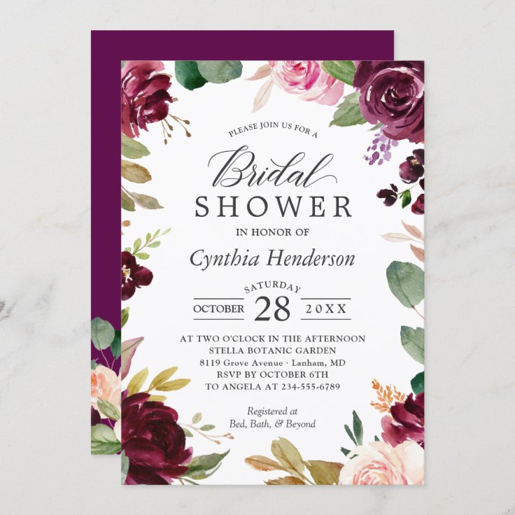 Plum Burgundy Blush Floral Classy Bridal Shower Invitation | Zazzle