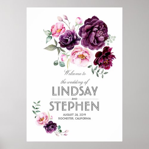 Plum Burgundy Blush Floral Watercolor Wedding Sign