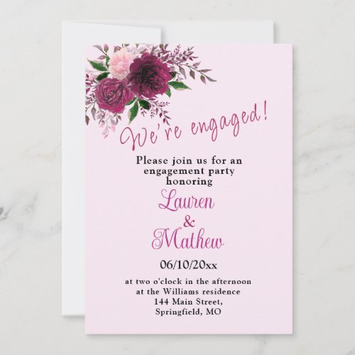 Plum Burgundy Blush Pink Floral Engagement Party I Invitation