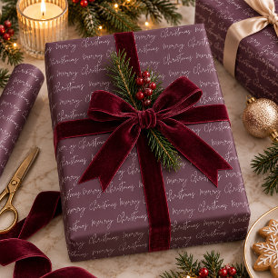 Plum Burgundy Merry Christmas Script Pattern Wrapping Paper