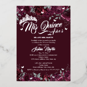 Plum Burgundy Rose Mis Quince Quinceanera Foil Invitation