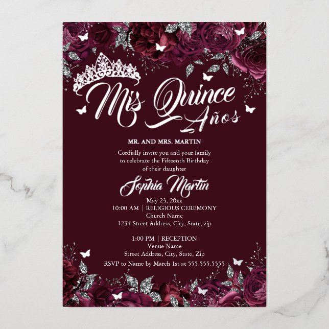 Plum Burgundy Rose Mis Quince Quinceanera  Foil Invitation (Front)