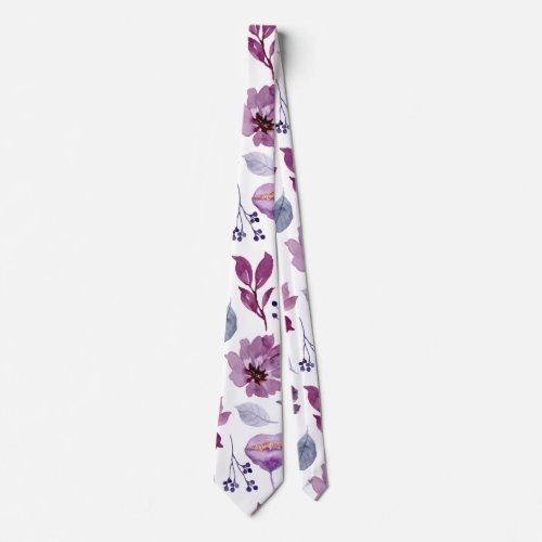 Plum Burgundy Vintage Watercolor Floral Pattern Neck Tie