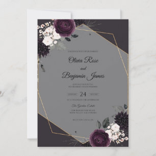 Plum Charcoal Bloom Wedding Invitation