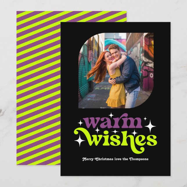 Plum & Chartreuse Modern Retro Christmas Photo Holiday Card (Front/Back)
