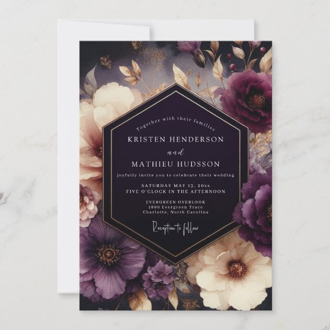 Plum Chiaroscuro Bloom Wedding Invitation (Front)