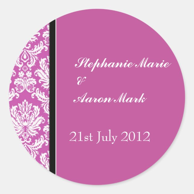 Plum Classic Damask Wedding Label Sticker (Front)