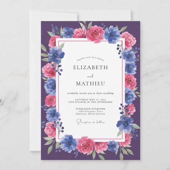 Plum Cobalt Blossom Wedding Invitation (Front)