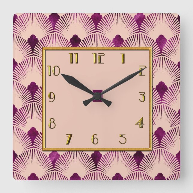 Plum colored Art Deco Style Square Clock (Front)