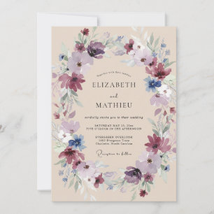 Plum Cornflower Wreath Wedding Invitation