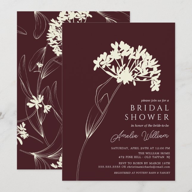 Plum & Cream Modern Floral Bridal Shower Invitation (Front/Back)