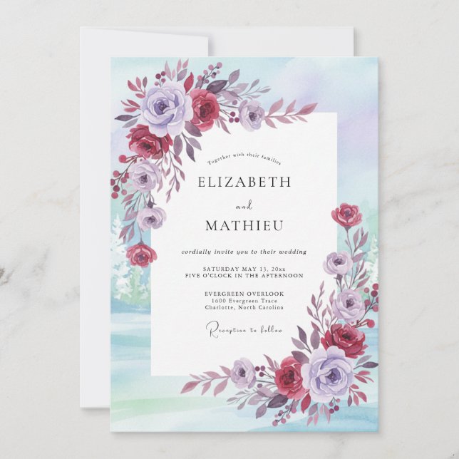 Plum Crimson Peony Wedding Invitation (Front)