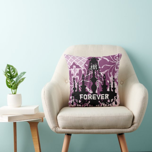Plum Custom Chandelier Monogram with Wedding Date Throw Pillow (Chair)