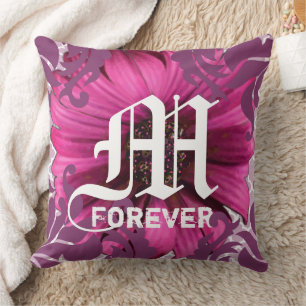 Plum Custom Gerber Daisy Monogram Wedding Date Throw Pillow