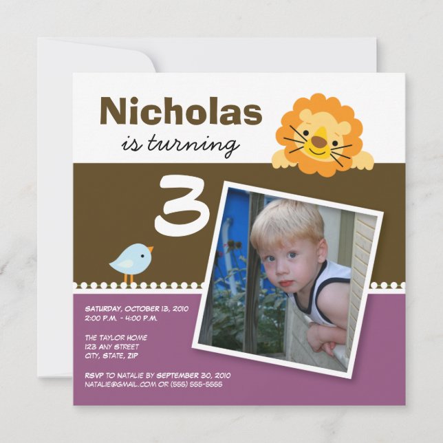 Plum Custom Lion & Birdie Birthday Party Invite (Front)