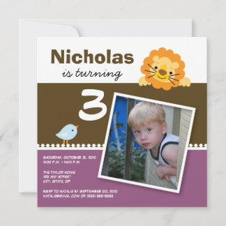 Plum Custom Lion & Birdie Birthday Party Invite