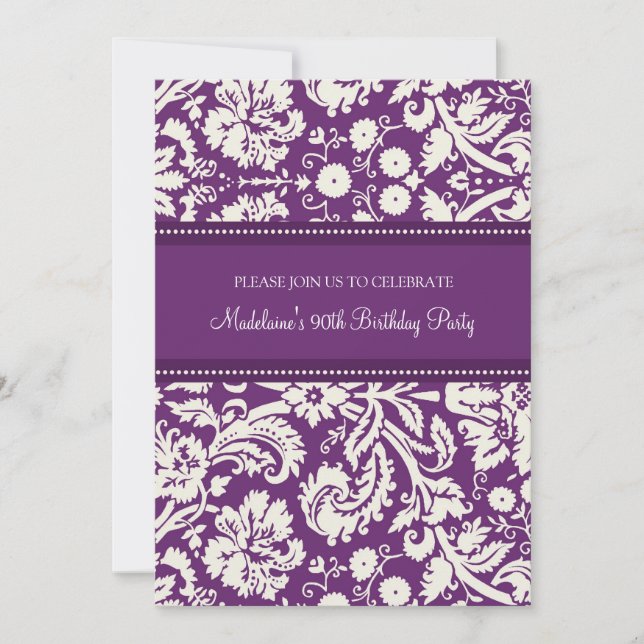 Plum Damask 90th Birthday Party Invitations (Front)