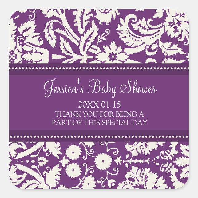 Plum Damask Baby Shower Favor Stickers (Front)